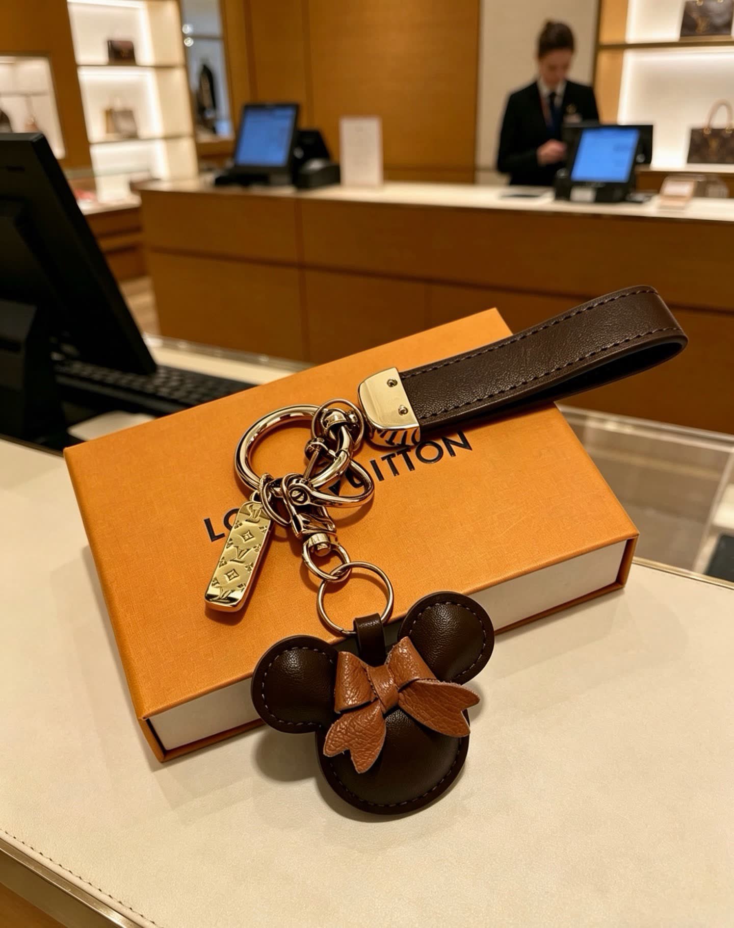 Louis Vuitton Leather Keychain with Mickey Mouse Charm